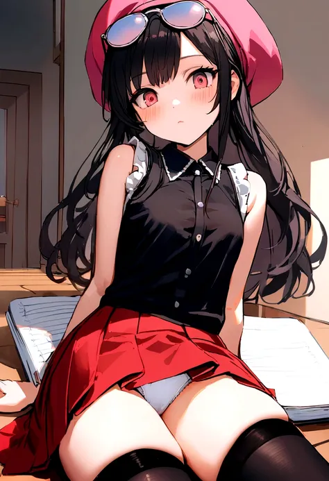 una chica en un salon de clases, sentada, tomando notas en un cuaderno, eyewear on head, hat, skirt, sunglasses, shirt, black shirt, sleeveless, red skirt, pink hat, black thighhighs, white panties, detailed eyes, innocent gaze