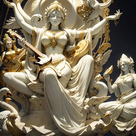 front view of a dramatic renaissance style white marble statue of goddess saraswati with 4 arms fully covered in a saree and wea...