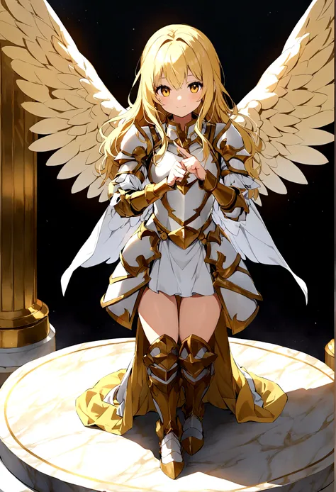 Archangel Michael、Little, Blonde, Golden Eyes, White low leg with angel wings,(Dress in Armor), (Standing on a marble pedestal), A light smile, Appealing pose（Point your finger down to ask for someone to follow you）