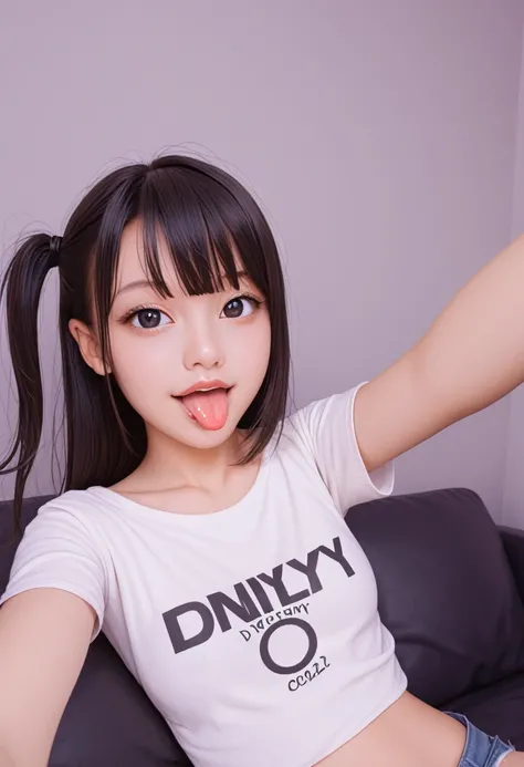 pastel colors t-shirt,off-shoulder look,bare shoulder,ollarbone,midriff peek,micro shorts,(open mouth:1.5),(tongue out:2),lying,Selfie,front view,upper body,(1girl,Beautiful 14 year old girl),((Slender,Small breasts,Small face,)),(looking at viewer),Black ...