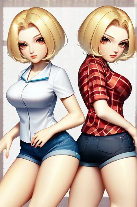 ((Лучшее качество)), ((шедевр)), (подробный), blonde, with brown eyes, thin, but breast size 3, average ass. in short denim shorts and a yellowish plaid shirt