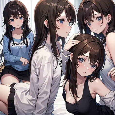 brown haired woman The front hair is parted on the left side, the hair is swept more to the right side. It&#39;s similar to the hairstyles of gay girls in Japan. The skin color turns white. Sharp eyes, beautiful face, charming, dark gray eyes. Put a choker...