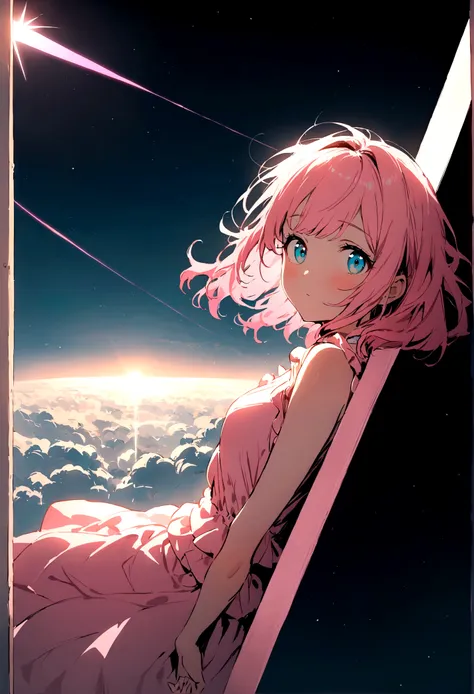 shortening,  Depth of written boundary, masterpiece, Best Quality, 22 year old girl, Pink Hair, Teal Eye,  Medium Hair, floating,Pink rays, alone, Watching the audience,Pink Dress, flight,  Dim sunshine,