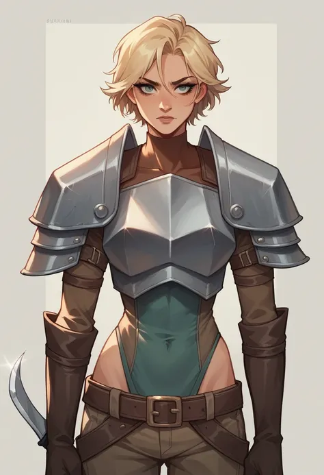 The 16-year-old female character has striking blonde hair that falls in a short, tousled hairstyle around her face. Her slim build gives her a lithe and agile appearance, perfect for her rogue persona. She is dressed in rugged rogues clothing, complete wit...