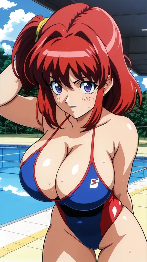 score_9, score_8_up, score_7_up, score_6_up, score_5_up, score_4_up, BREAK, source_anime, 1990s (style), retro artstyle, 1990s anime cels style, anime screencap, BREAK, 1girl, bangs, large breasts, competition swimsuit, cleavage, leaning forward, looking a...