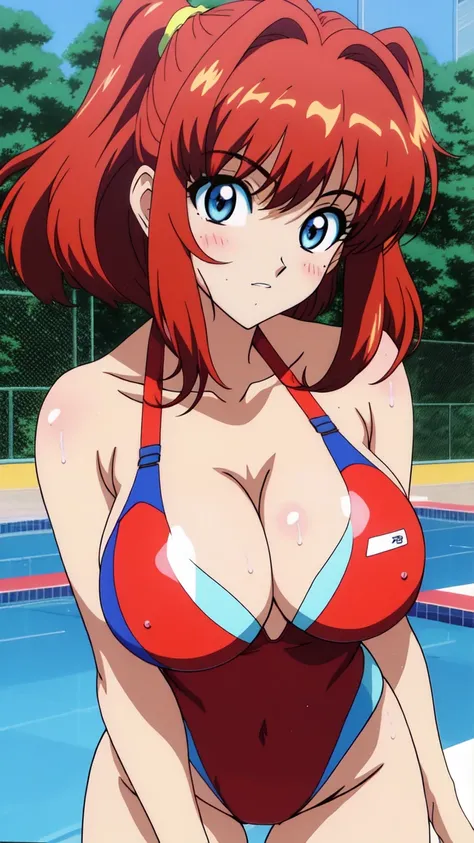 score_9, score_8_up, score_7_up, score_6_up, score_5_up, score_4_up, BREAK, source_anime, 1990s (style), retro artstyle, 1990s anime cels style, anime screencap, BREAK, 1girl, bangs, large breasts, competition swimsuit, cleavage, leaning forward, looking a...