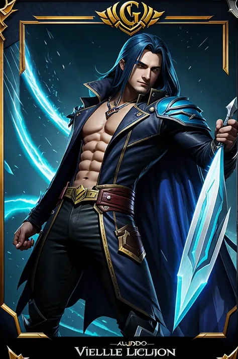 Mobile Legends character Alucard with "Velentino" name in a blue and black frame with large blue blade