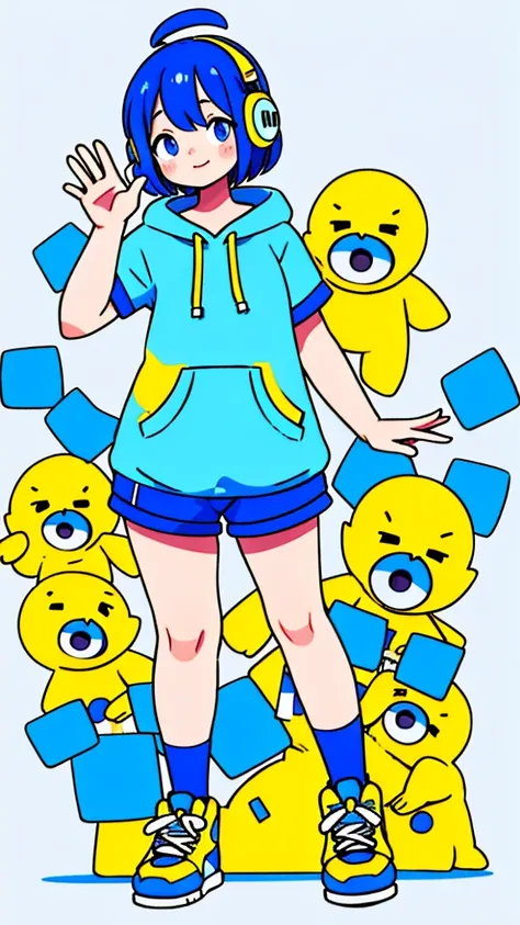 Mash Hair　Short Hair　Blue hair　Wearing a blue hoodie　　Im wearing headphones　1 male　smile　Yellow irises　Narrow eyes　cheeks are white　The whole body is shown　Looking into the distance　Waving one hand up　The whole body is on camera