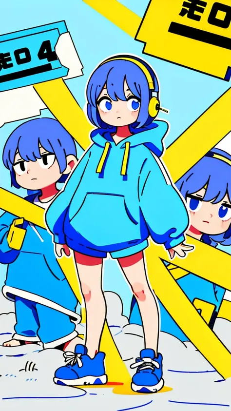 mash hair　short hair　blue hair　wearing a blue hoodie　　i'm wearing headphones　1 male　smile　yellow irises　narrow eyes　cheeks are w...