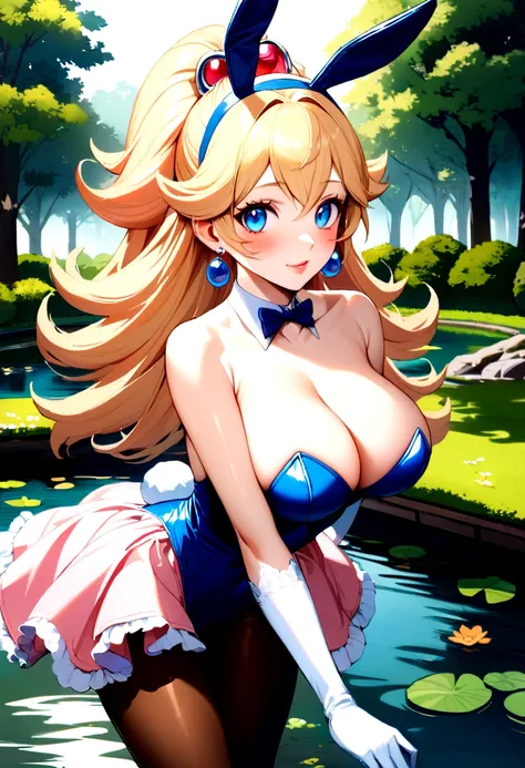 Princess Peach, blue eyes, long hair, 1girl, solo, perfect breasts, ,earrings glossy lips ,looking at viewer, blush, large breasts, nature, pond, trees, park, long white elbow satin gloves, holding, animal ears, cleavage, bare shoulders, jewelry, very l, g...