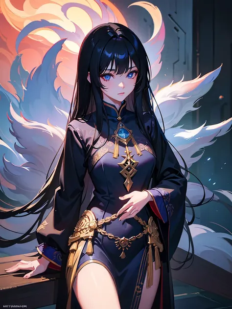 a kitsune girl,beautiful detailed blue eyes,long black hair with bangs,casual clothing,intricate detailed face,highly detailed,8k,photorealistic,cinematic lighting,digital painting,fantasy,artstation,trending on artstation