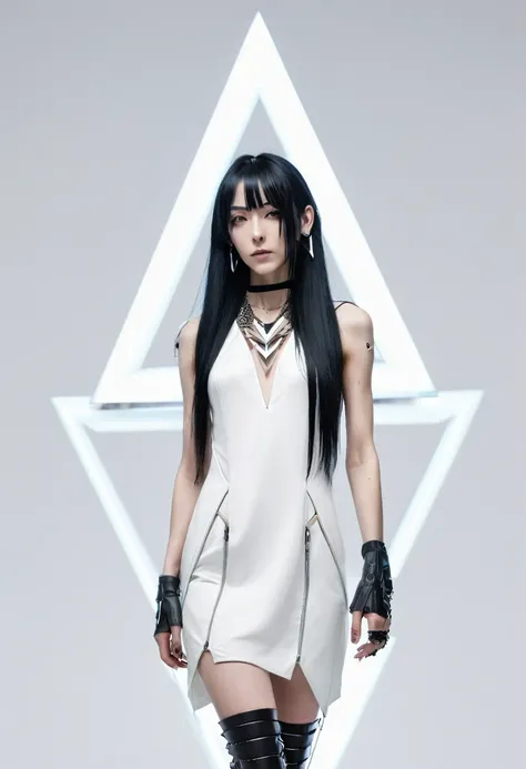 skinny 40 years old woman, , small ass, black long hair, wearing white cyberpunk MINIDRESS with triangular forms, in a white background, black nails, triangular necklace, triangular earrings, showing vagina