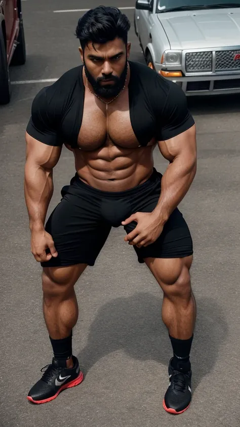 Huge hot indian young man Muscled hunk, with muscled bouncer huge wide chest, muscles hairy arms, biceps, triceps, abs, wrist, fingures, black uniform, with big huge bouncer hairy muscled legs, thighs, calfs, huge bulge, hot bulge, black socks, realistic, ...