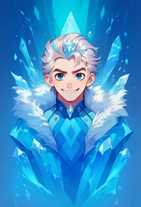 man surrounded by crystal ice and frozen flowers, silver hair and crystal blue eyes, with a diamond on his forehead. have a ice ...