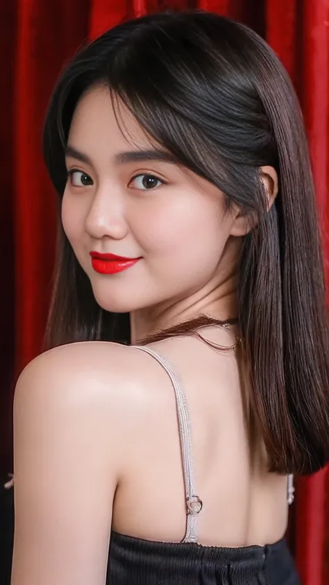 Photo Of Kayes , Indonesian Influencer , Beautiful 18 Years Old, Red Lipstick, sensual Lipstick, Sensational Make up artist, Large Breast , Hime Cut Hairstyle