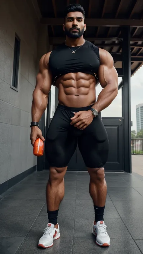 Huge hot indian young man Muscled hunk, with muscled bouncer huge wide chest, muscles hairy arms, biceps, triceps, abs, wrist, fingures, black uniform, with big huge bouncer hairy muscled legs, thighs, calfs, huge bulge, hot bulge, black socks, realistic, ...