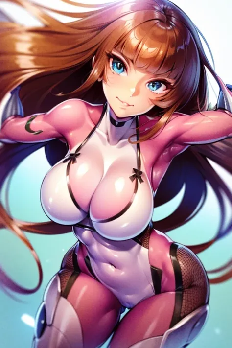 (Highres) (Detailed illustration) Ultra-detailed, blue eye color, glassy detailed eyes, detailed face, Asuka Koukawa, hime hair, straight bangs, very long hair, ginger hair, teen, visible muscles, athletic body, toned abdomen, thick arms, mechanical limbs,...