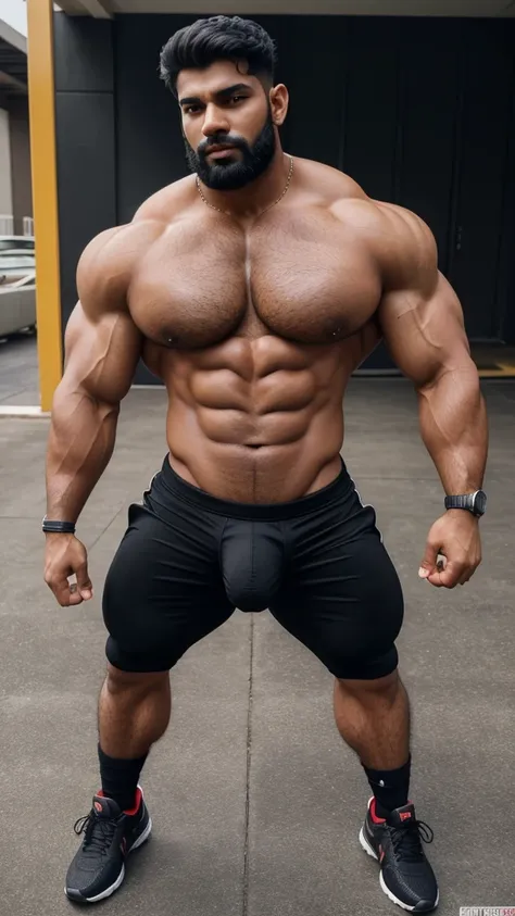 Huge hot indian young man Muscled hunk, with muscled bouncer huge wide chest, muscles hairy arms, biceps, triceps, abs, wrist, fingures, black uniform, with big huge bouncer hairy muscled legs, thighs, calfs, huge bulge, hot bulge, black socks, realistic, ...