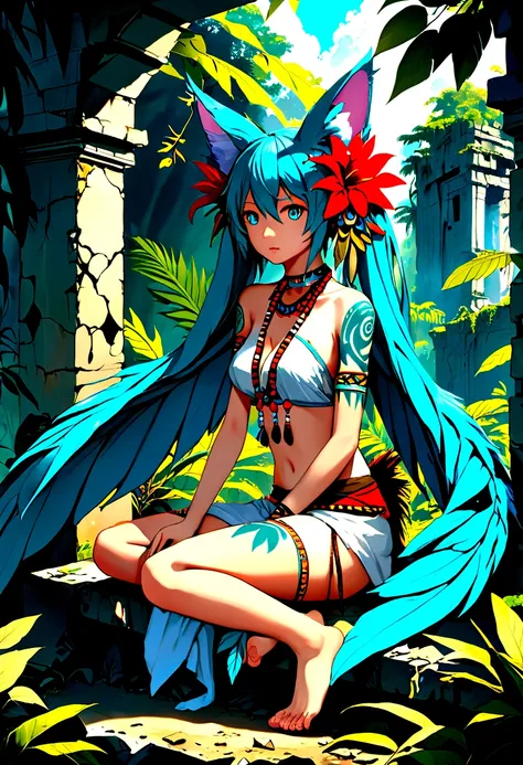 Miku Hatsune, add high definition add_detail:1, blue fur,kitsune ears, tribal tattoo add_detail:1, in a ruins in the jungle, barefoot, tribal costume add_details:1, giant aqua feather wings add_detailsl:1 ,alas hermosas la mejor calidad y detail en las plu...