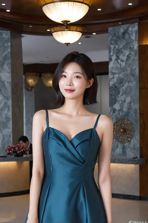 beautiful korean girl , 32 inch chest size, Your eyes are big and pretty. standing in the hotel lobby . short medium hair,  dress that covers the chest. laugh, uhd