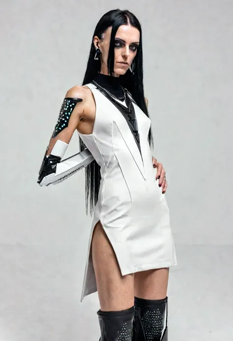 SLIM 40 years old woman, , small ass, black long hair, wearing white cyberpunk MINIDRESS with triangular forms, in a white background, black nails, triangular necklace, triangular earrings, showing vagina