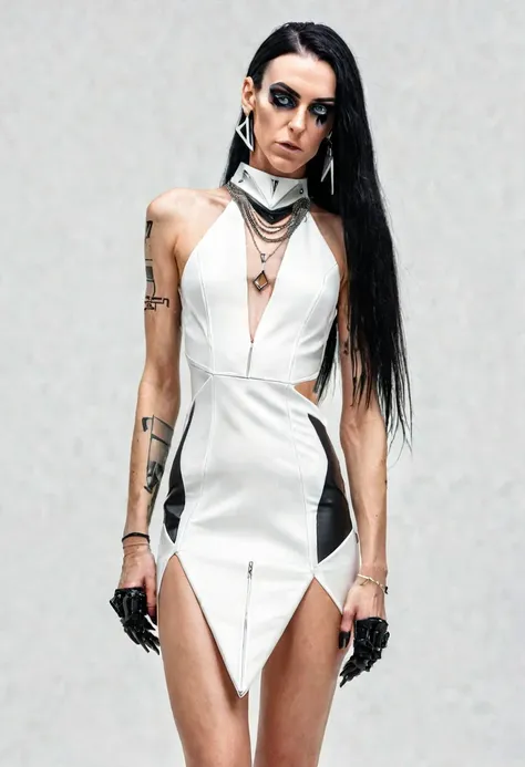 SLIM 40 years old woman, , small ass, black long hair, wearing white cyberpunk MINIDRESS with triangular forms, in a white background, black nails, triangular necklace, triangular earrings, showing vagina