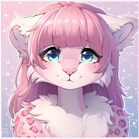 feline, mammal, anthro, anthromorphic, snow, leopard, fur, furred_anthro, female, female, bangs, ear_tufts, pink_nose, paws, hair_tuft, hair_between_eyes, long_tail, fluffy, feline_ears, expressive_eyes, pink_hair, light looking_at_viewer, pink_fur, shy, s...