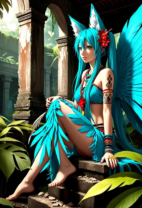 Miku Hatsune, add high definition add_detail:1, blue fur,kitsune ears, tribal tattoo add_detail:1, in a ruins in the jungle, barefoot, tribal costume add_details:1, giant aqua feather wings add_detailsl:1 ,alas hermosas la mejor calidad y detail en las plu...