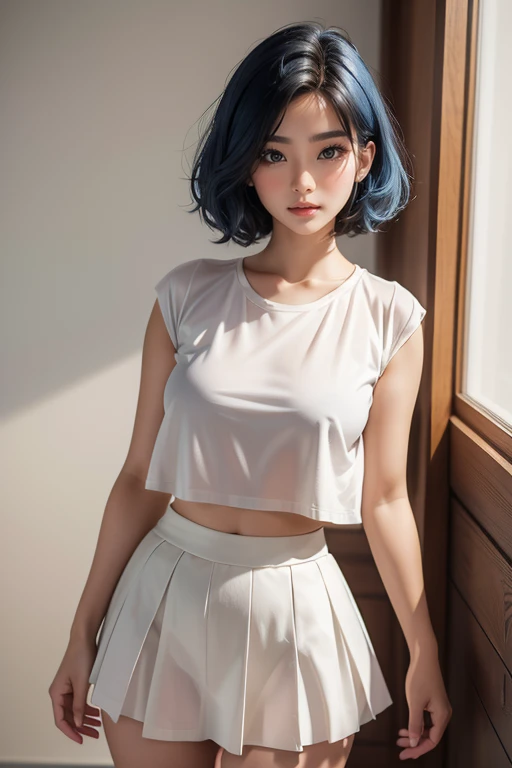 Top quality, RAW Photo, Highest Quality Image, 16K, Full body, Age 18 years old, Realistic, Photorealistic,  Beautiful Chubby Asian girls, Sexy, Chubby body, White pale skin, Beautiful hair, Wavy hair, Blue Hair,, Short hairstyle, Detailed face, Detailed b...