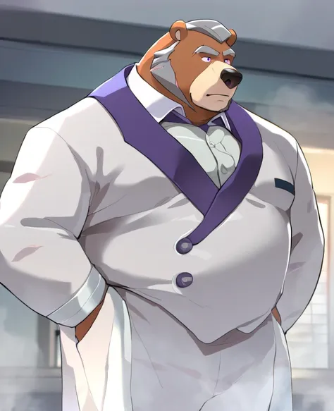 Bear，personification，Mature male，Hercules，Gray hair，Gentle expression，Purple pupils，Gray eyebrows，Scars on the face（1.9），White suit suit，Hands in pockets，The Age of Steam，Hospital Office。