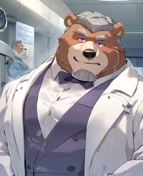 Bear，personification，Mature male，Hercules，Gray hair，Gentle expression，Purple pupils，Gray eyebrows，Scars on the face（1.9），White suit suit，Hands in pockets，The Age of Steam，Hospital Office。