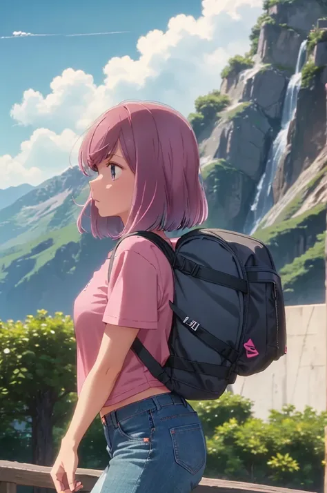 girl, jeans, pink t-shirt, backpack, summer, mountain