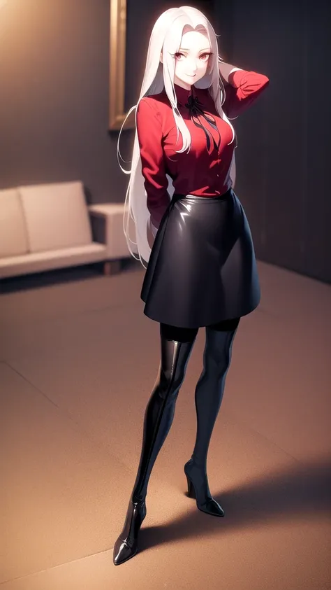 masterpiece, best quality, absurdres, perfect anatomy, 1girl, solo, Irisviel von Einzbern, long hair, red shirt, dress shirt, black skirt, pantyhose, cowboy shot, standing, smile, indoors, arms behind back, thighhigh boots, heels, full body, sit, crossed l...