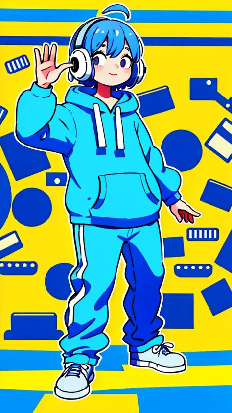 Mash Hair　Short Hair　Blue hair　Wearing a blue hoodie　　Im wearing headphones　1 male　smile　Yellow irises　Narrow eyes　cheeks are white　The whole body is shown　Looking into the distance　Waving one hand up　The whole body is on camera