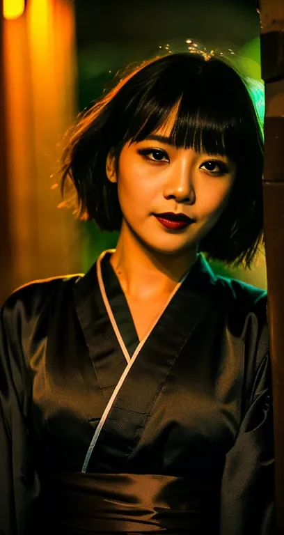 (A detailed woman in a black kimono dress to camoflage her wicked sense of humour, trying to contain her amusement, short bob_hair_side_bangs, subtle dimpled smile, fair skin, walking in Raccoon City at night, comic_relief, dark_lips, dark_knight, dark_sid...