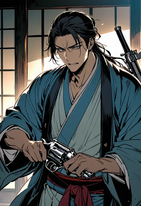 Japanese men、Swordsmanship、Handsome、He had an old revolver、End of the Edo period、Shinsengumi、Light blue kimono、One person、Creepy