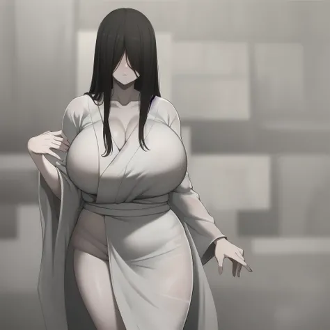 ((masterpiece)), (best quality), (absurdres), black hair, yamamura_sadako, (white kimono, black obi), (grey skin), hair over eyes, eyes covered, looking at viewer, thick thighs, highlight thighs, highlight buttocks 