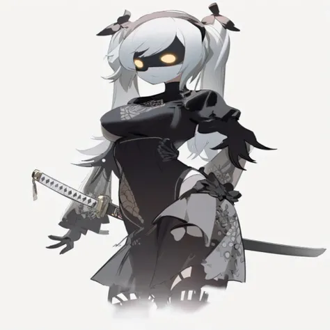 Close-up of a woman in a black and white outfit holding a sword, concept art, inspired by Krenz Kuschart, winner of the pixiv competition, Whats it?, Nier autoamata, 2b Nier automata, Nier : inspired by machine guns, Nier:inspired by machine guns, Nier 2 b...