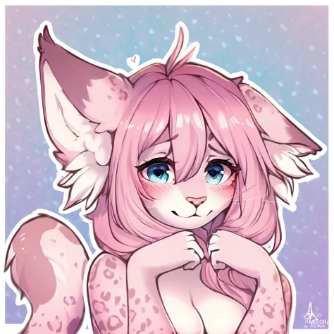 feline, mammal, anthro, anthromorphic, heart, leopard, fur, furred_anthro, female, female, bangs, ear_tufts, pink_nose, paws, hair_tuft, hair_between_eyes, long_tail, fluffy, feline_ears, expressive_eyes, pink_hair, light looking_at_viewer, pink_fur, shy, ...