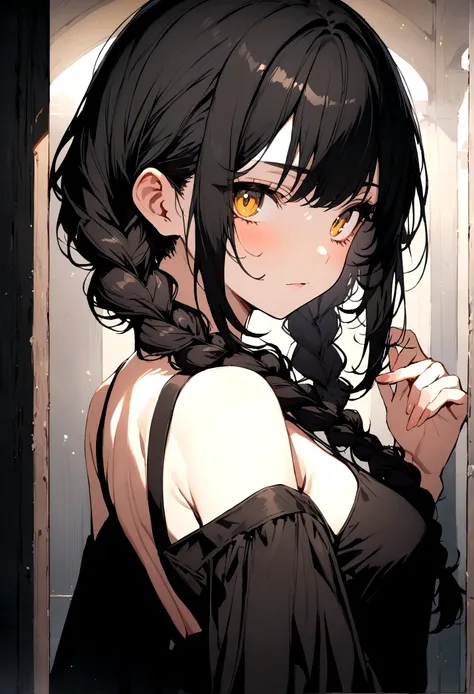 Masterpiece, anime girl, solo, looking at viewer, black hair, gold eyes, twin braids hair