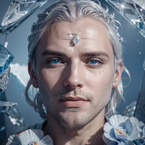 Man surrounded by crystal ice and frozen flowers, Silver hair and crystal blue eyes, with a diamond on his forehead. Have a ice and nature power. Fully body, soft smiling