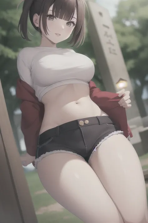 short shorts, showing her belly, Park, perfect lighting, work of art.