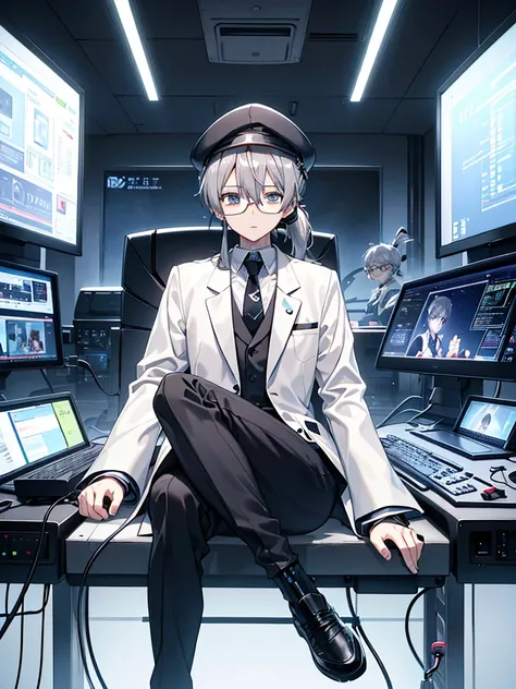 （Mastepiece）（High definition）Teenage Japanese male android、Gray Hair、ponytail、hat、Tuxedo、tie、Wearing round rimless glasses、Sitting、It is connected to the machine by multiple cables.（charging）、background（A science fiction-like electronic world、A space that ...