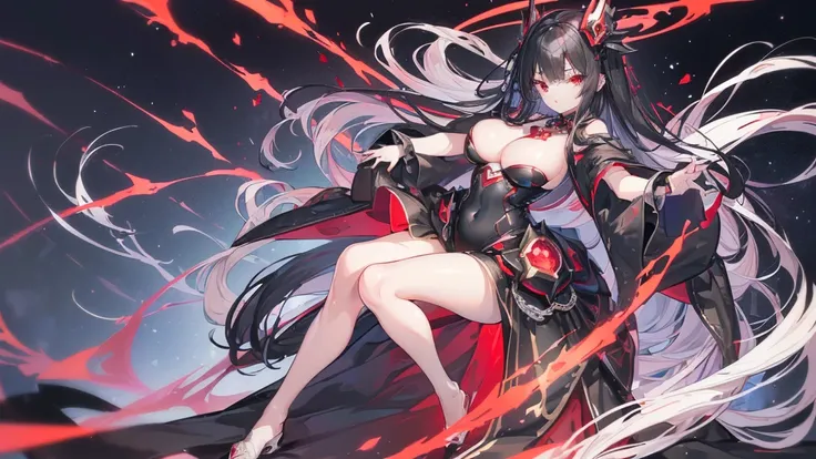 (Exquisite eyes),(Clear and beautiful eyes:1.61),masterpiece, 1 young girl,(Black clothes and some red gems), Black long hair, (She has a huge red gem on her chest), Good Hand,((The Havoc of StarCraft)),full-body shot,Fighting Stance,(Red Eyes:1.466)，short...