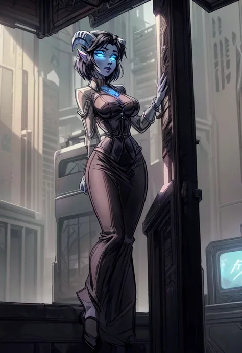 ((ultra quality)), ((masterpiece)), girl - draenei, world of warcraft, cyberpunk style, ((black short hair neon bob)), (neon stu...