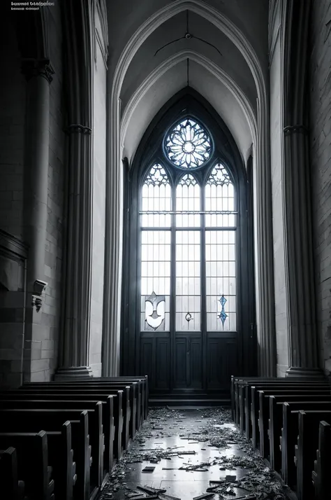 book cover. Disintegrated theme, a church with open doors and people leaving towards a flash of light. The colors of being blue, Unripe, black andwhite.