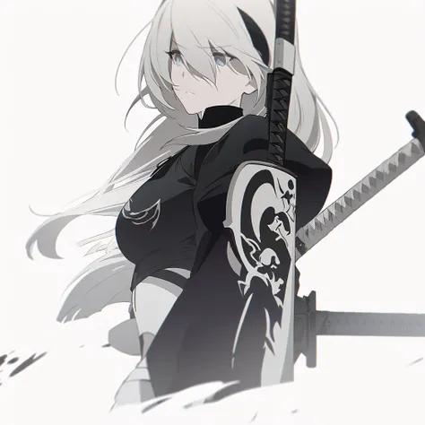 Close-up of a woman in a black and white outfit holding a sword, concept art, inspired by Krenz Kuschart, winner of the pixiv competition, Whats it?, Nier autoamata, 2b Nier automata, Nier : inspired by machine guns, Nier:inspired by machine guns, Nier 2 b...