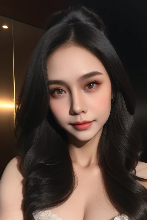 best quality, masterpiece,  (realistic:1.2), 1 girl, black long hair, brown eyes, Front, wearing underwear, bra exposed, bra seen, detailed face, beautiful eyes, malay, malaysian, detailed skin, skin texture, smile, shoulder exposed, dark background, high ...