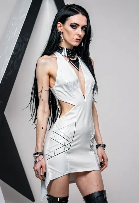 SLIM 40 years old woman, , small ass, black long hair, wearing white cyberpunk MINIDRESS with triangular forms, in a white background, black nails, triangular necklace, triangular earrings, showing vagina