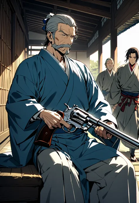 Japanese men、Swordsmanship、Handsome、He had an old revolver、End of the Edo period、Shinsengumi、Light blue kimono、One person、strict、old man